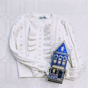 Zara Ruffle And Pearl Wool Blend Knit Pullover With Long Cuffs